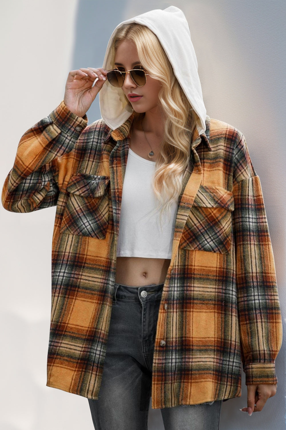 Long Sleeve Hooded Plaid Shacket