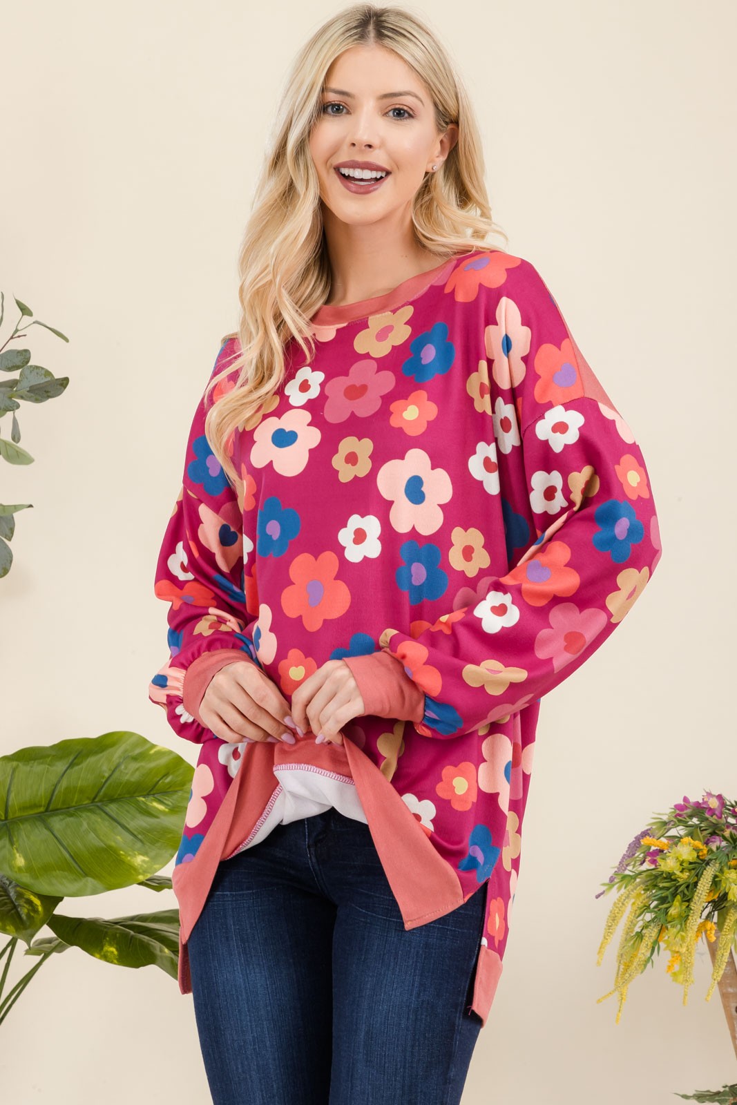 Flower Print Long Sleeve Tunic Top in Fuchsia