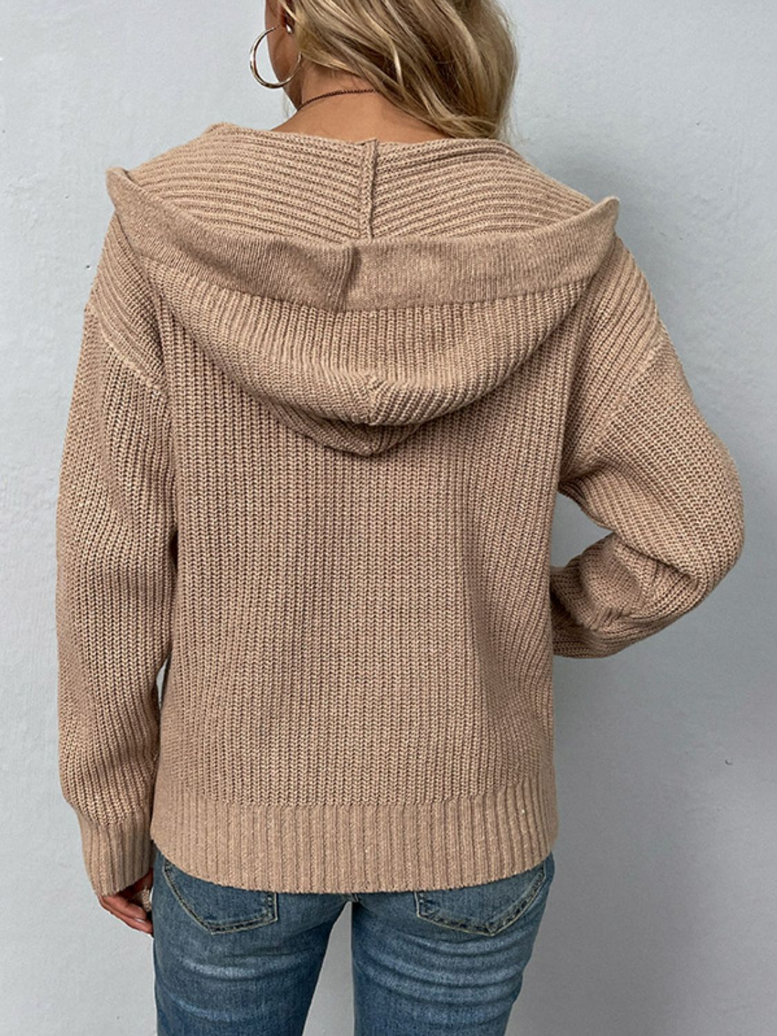 Rib Knit Zip-Up Hooded Cardigan