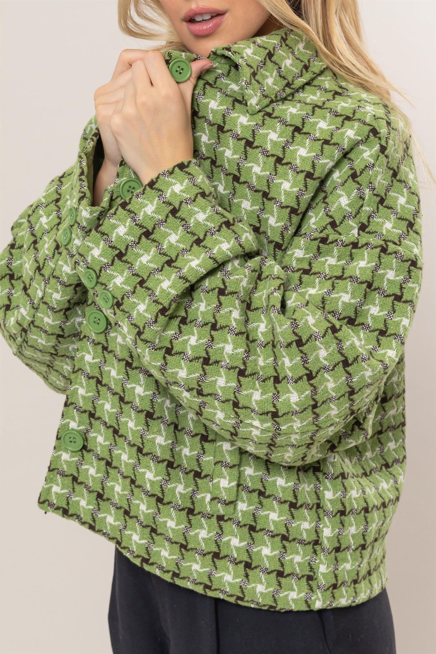 Green Tweed Plaid Button Up Jacket