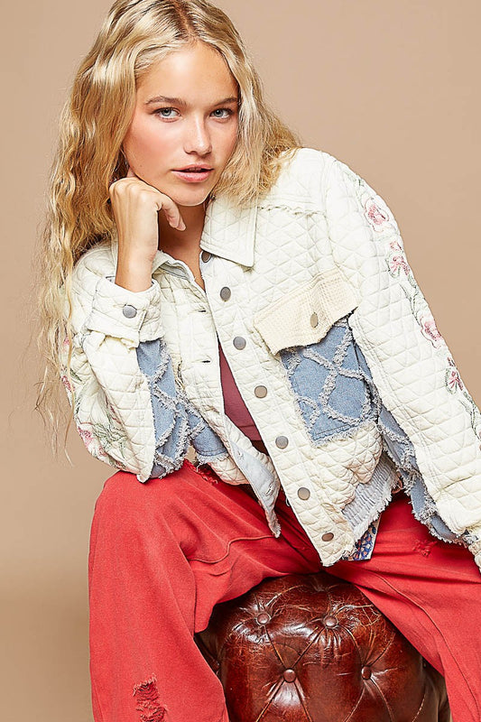 Embroidered Sleeve Quilted Jacket in Ivory