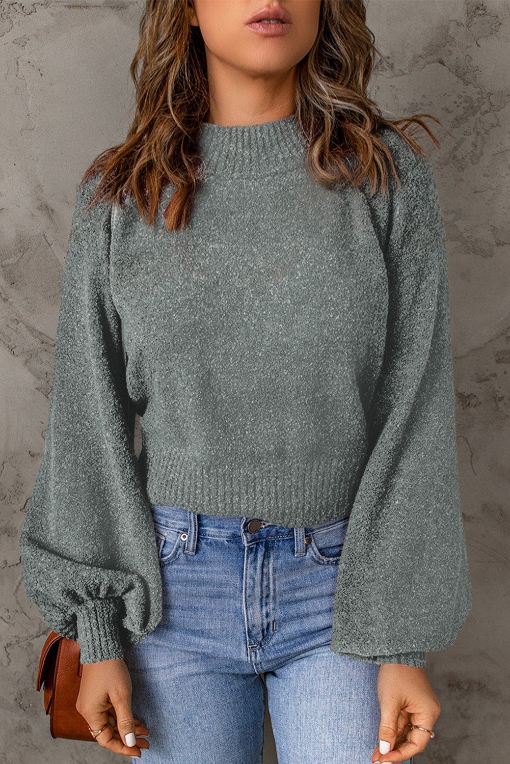 Rib Knit Trim Balloon Sleeve Sweater