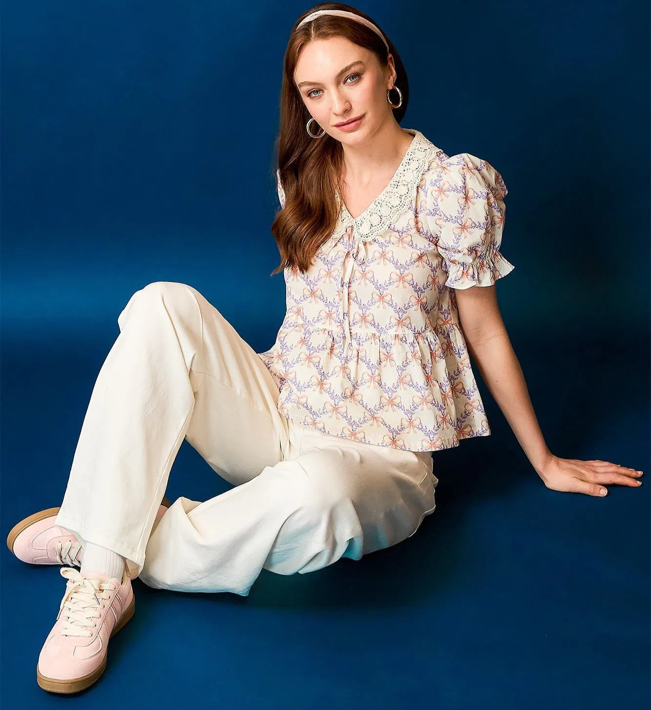 Peach & Lavender Bow Print Ruffle Sleeve Blouse