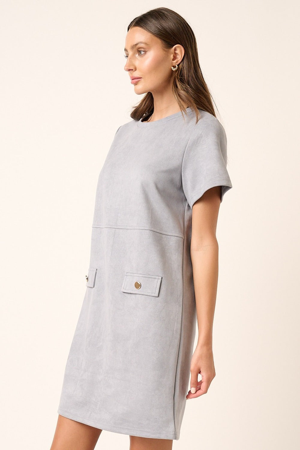 Vegan Suede Short Sleeve Mini Dress in Dusty Blue