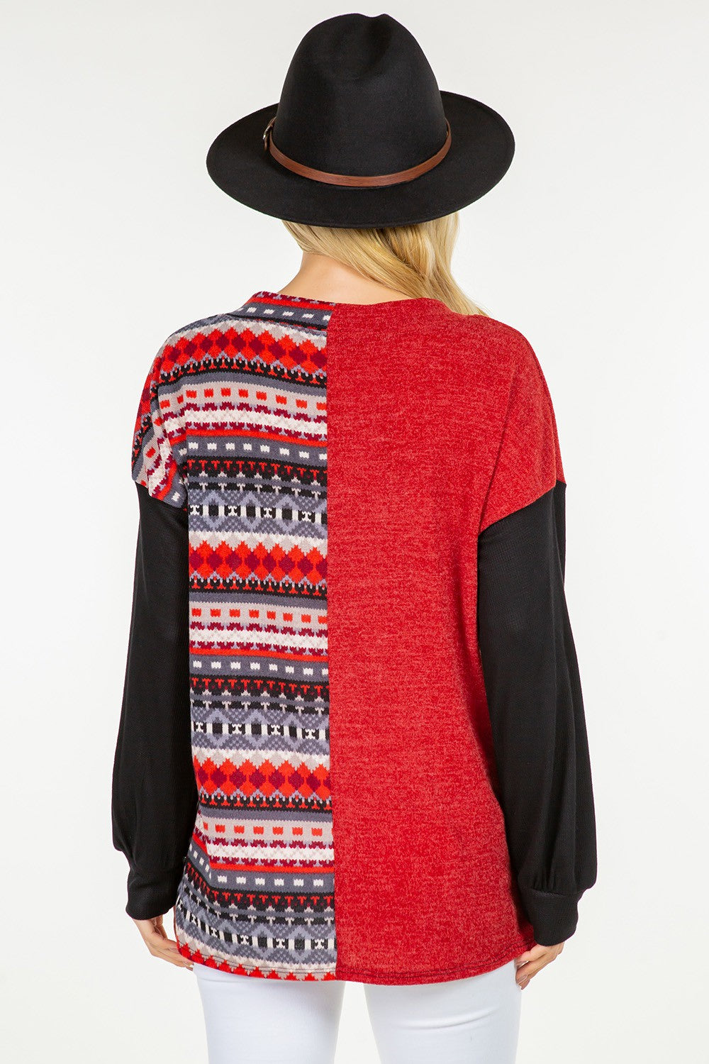 Red Geometric Print V-Neck Blouse