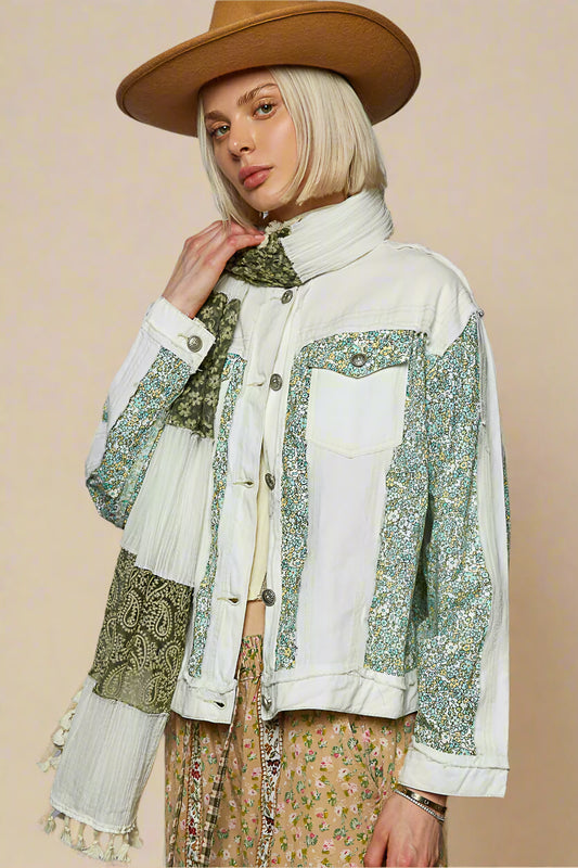 Sage Floral Patchwork Denim Jacket