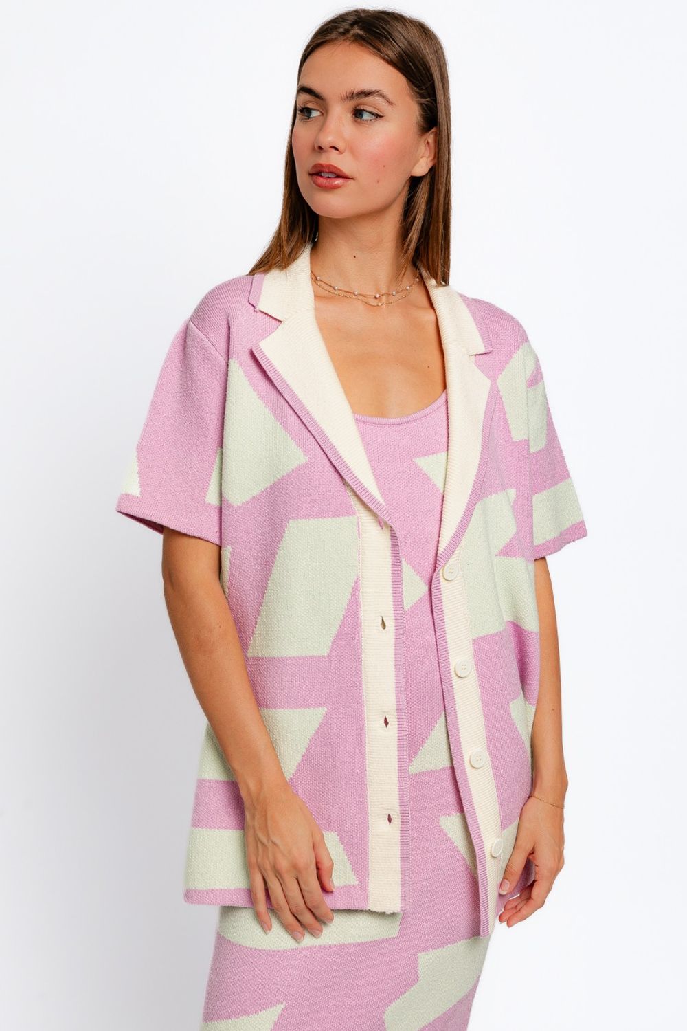 Abstract Contrast Short Sleeve Collared Cardigan in Pink MintCardiganTASHA