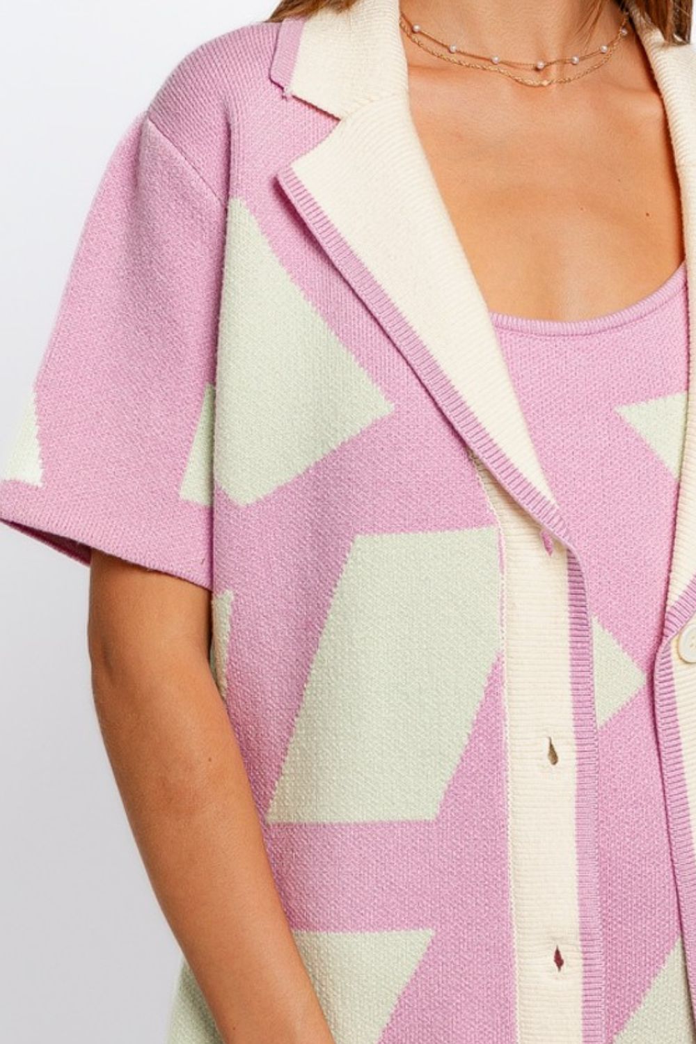 Abstract Contrast Short Sleeve Collared Cardigan in Pink MintCardiganTASHA