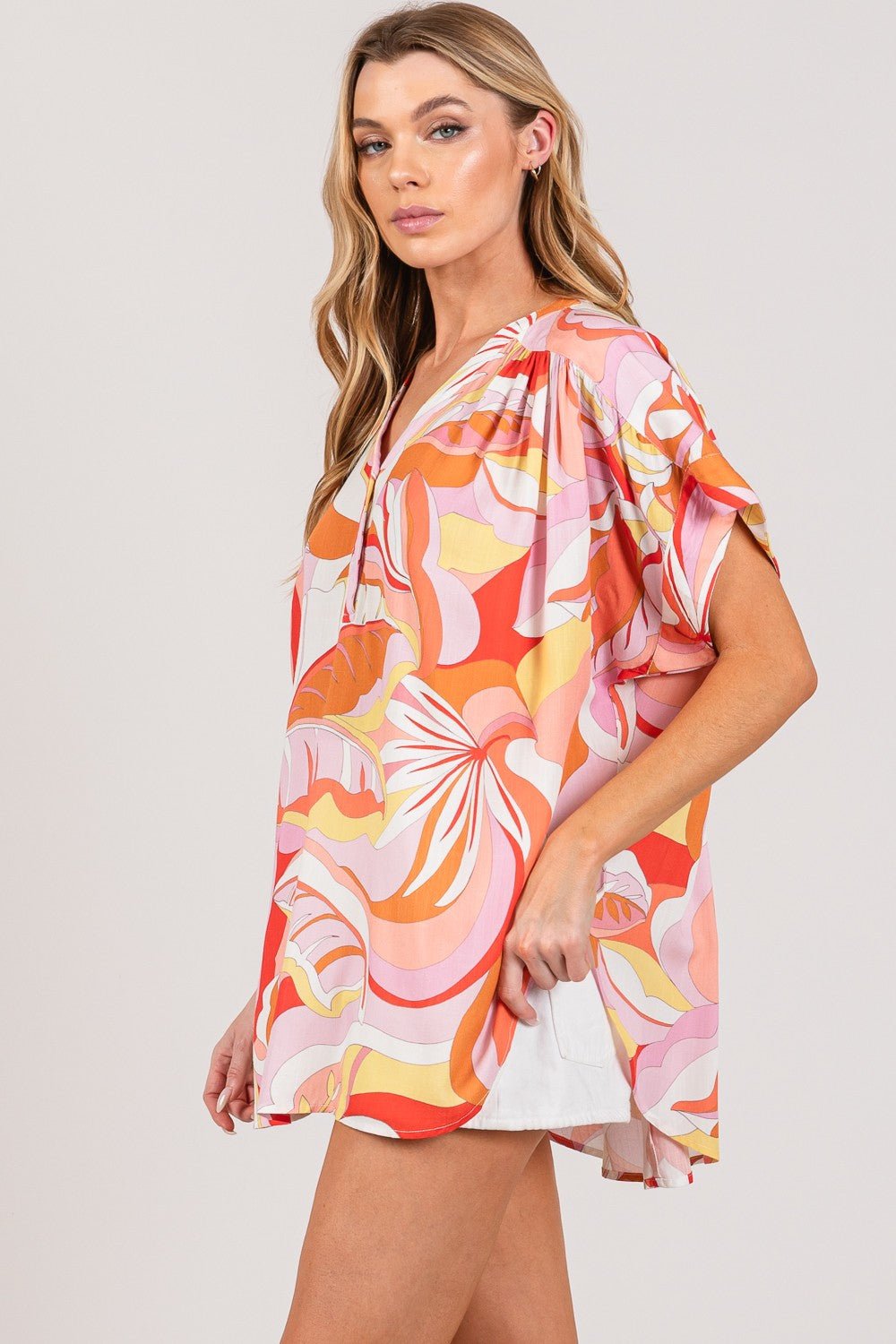Abstract Print Half Button Blouse in CoralBlouseSAGE+FIG