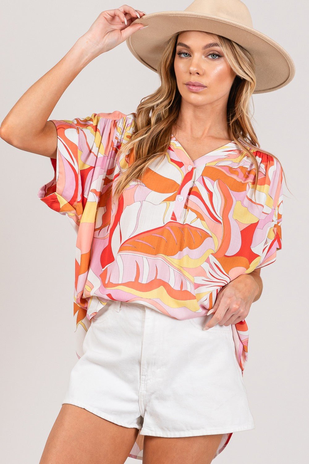 Abstract Print Half Button Blouse in CoralBlouseSAGE+FIG