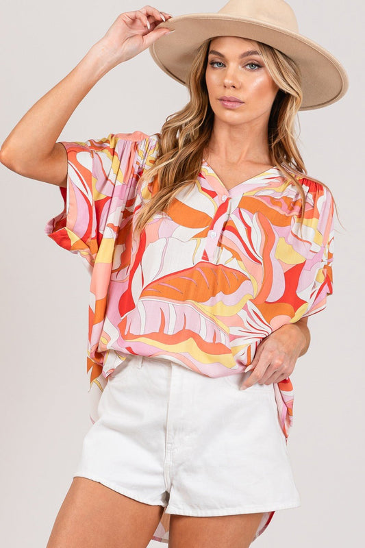 Abstract Print Half Button Blouse in CoralBlouseSAGE+FIG