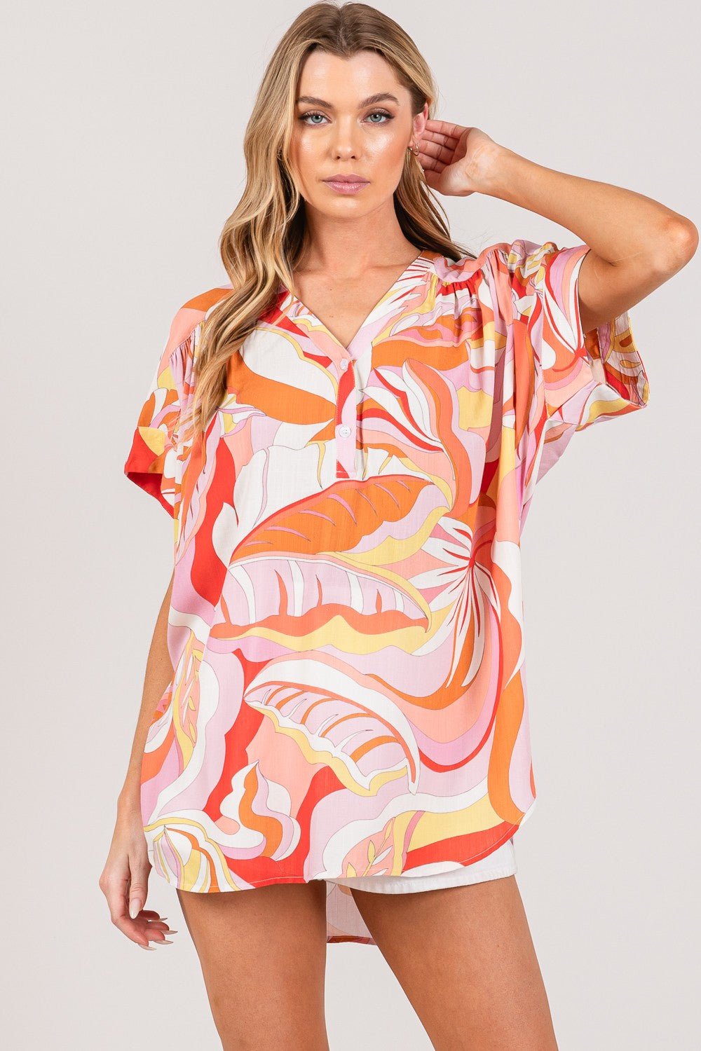 Abstract Print Half Button Short Sleeve Blouse in Multi CoralBlouseSAGE+FIG