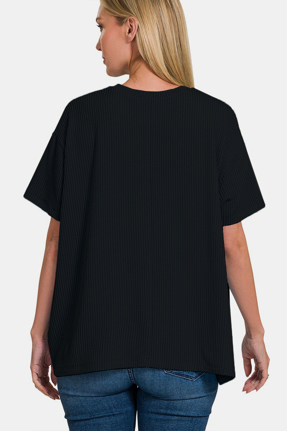 Rib Knit Short Sleeve Pocket Detail T-Shirt in Black