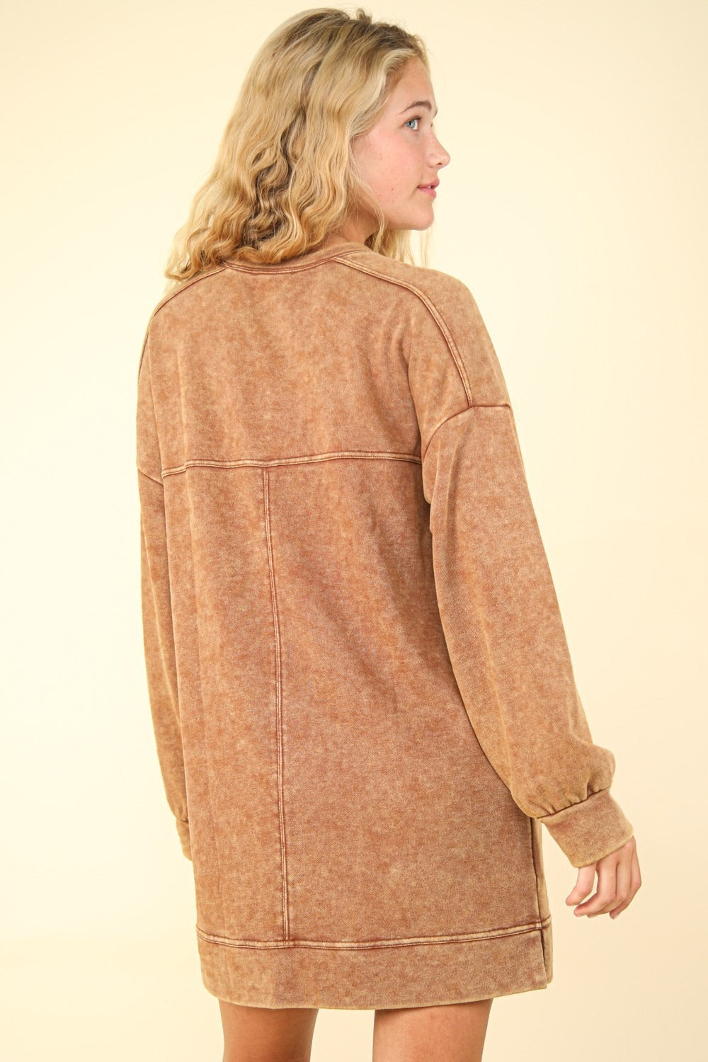 Mineral Washed Oversized Mini Sweatshirt Dress in Camel