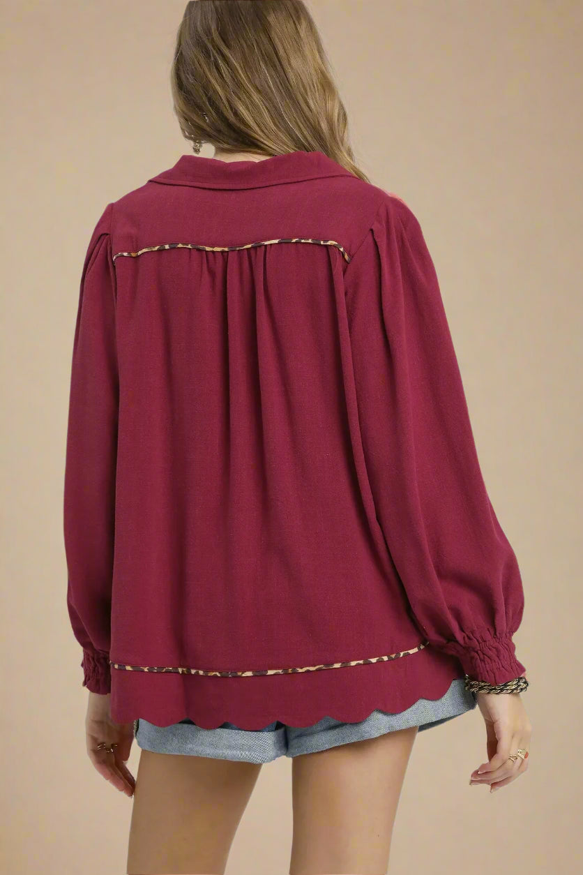 Berry Wine Scallop Hem Blouse with Leopard Trim