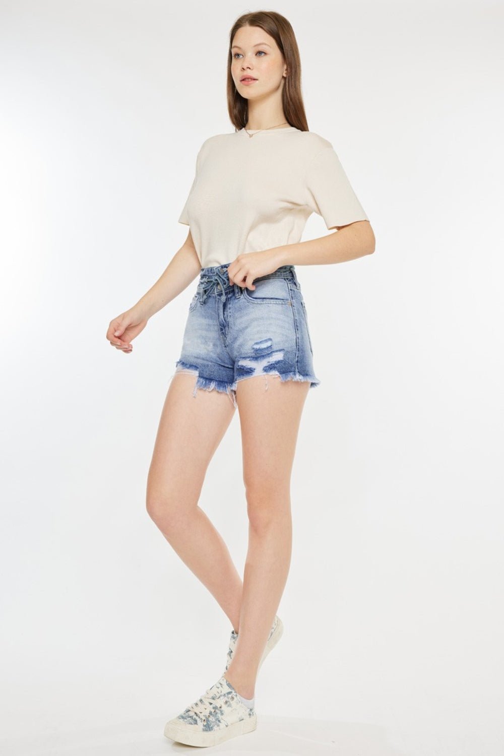 Acid Wash High Rise Frayed Hem Denim ShortsShortsKancan