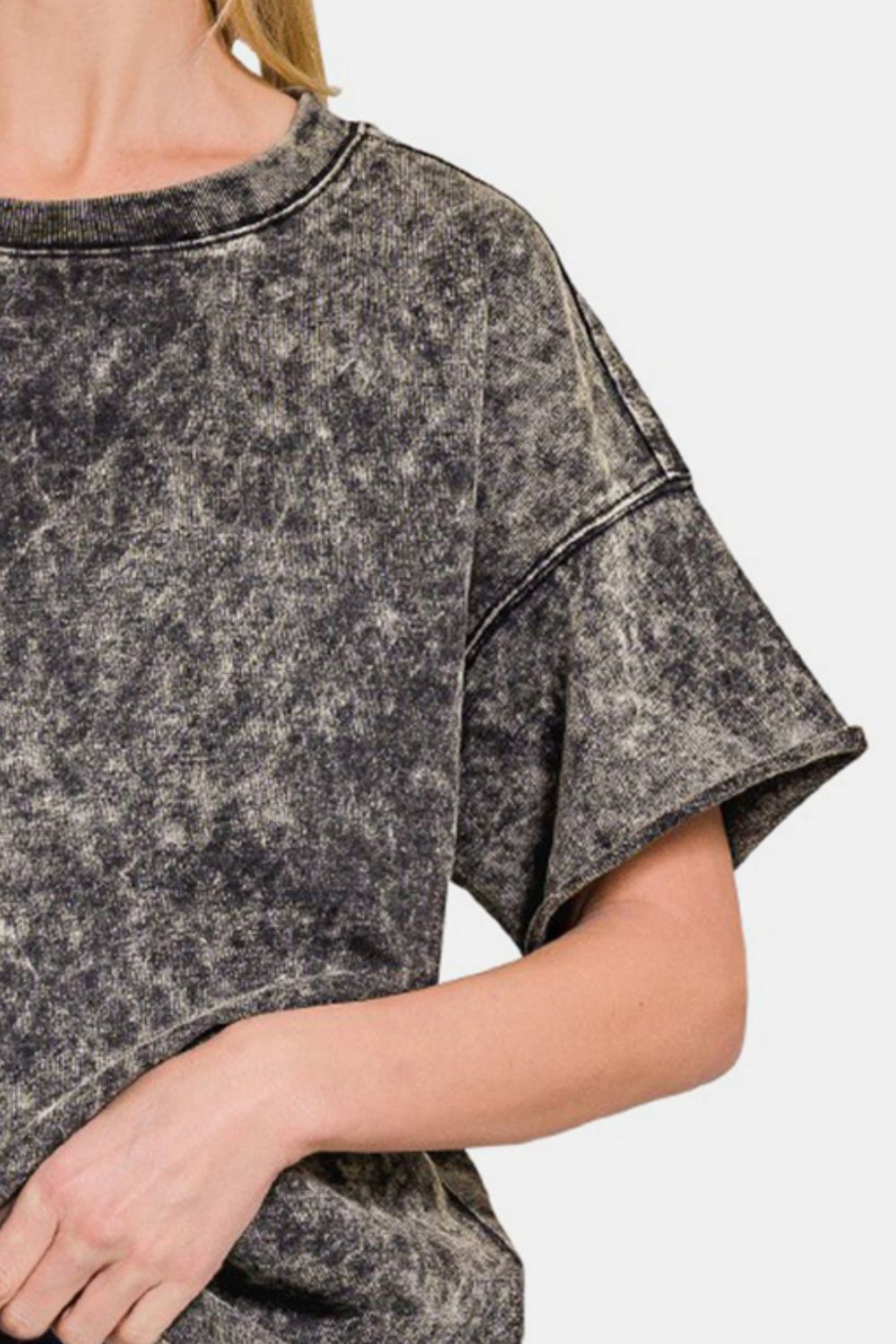 Acid Wash Rolled Edge Short Sleeve T-Shirt in BlackT-ShirtZenana