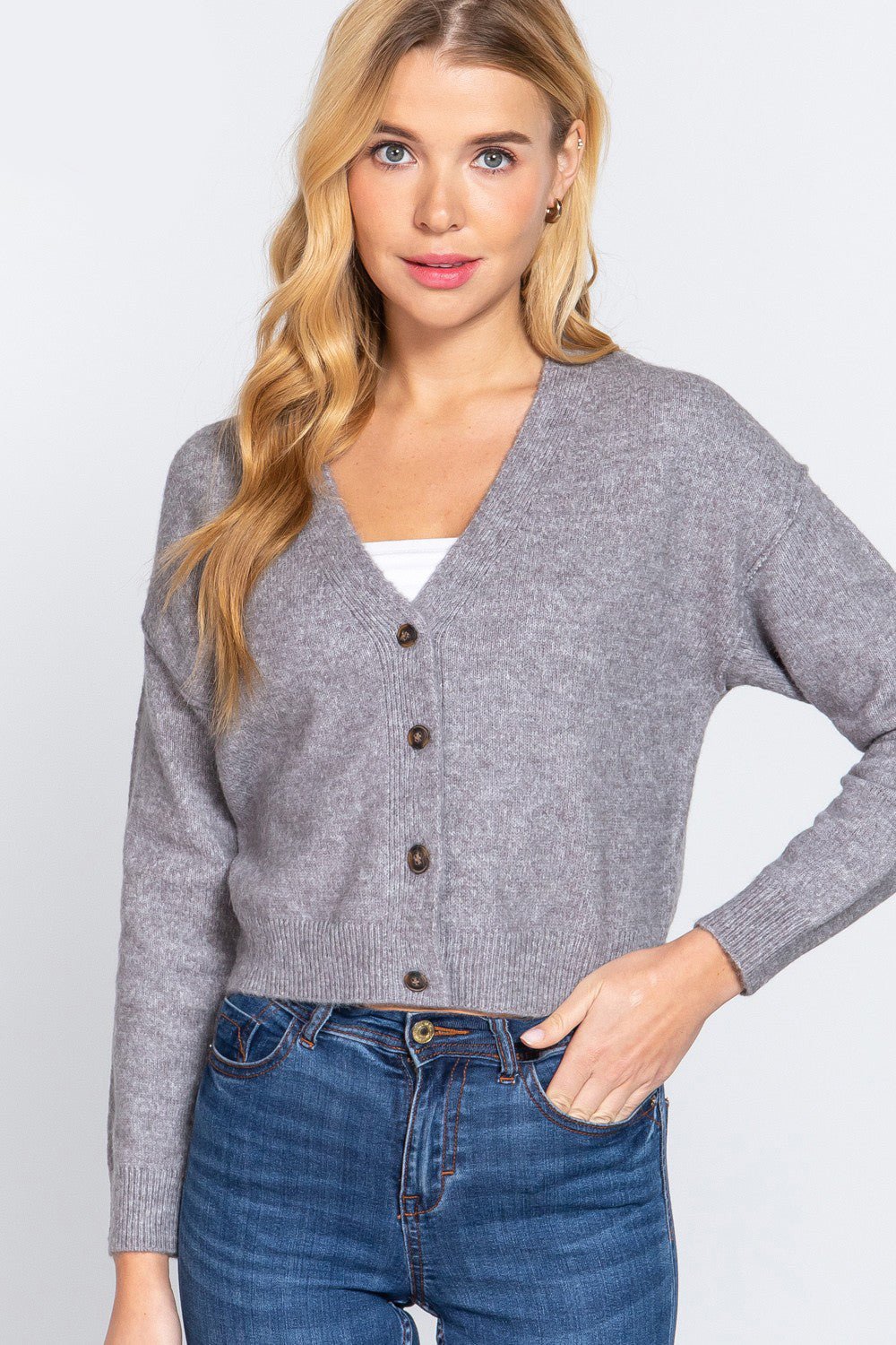 ACTIVE BASICV - Neck Button Up Long Sleeve Knit Cardigan in Grey