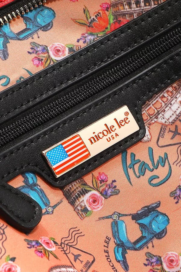 Close-up of a zipper with a 'nicole lee' label on a patterned background