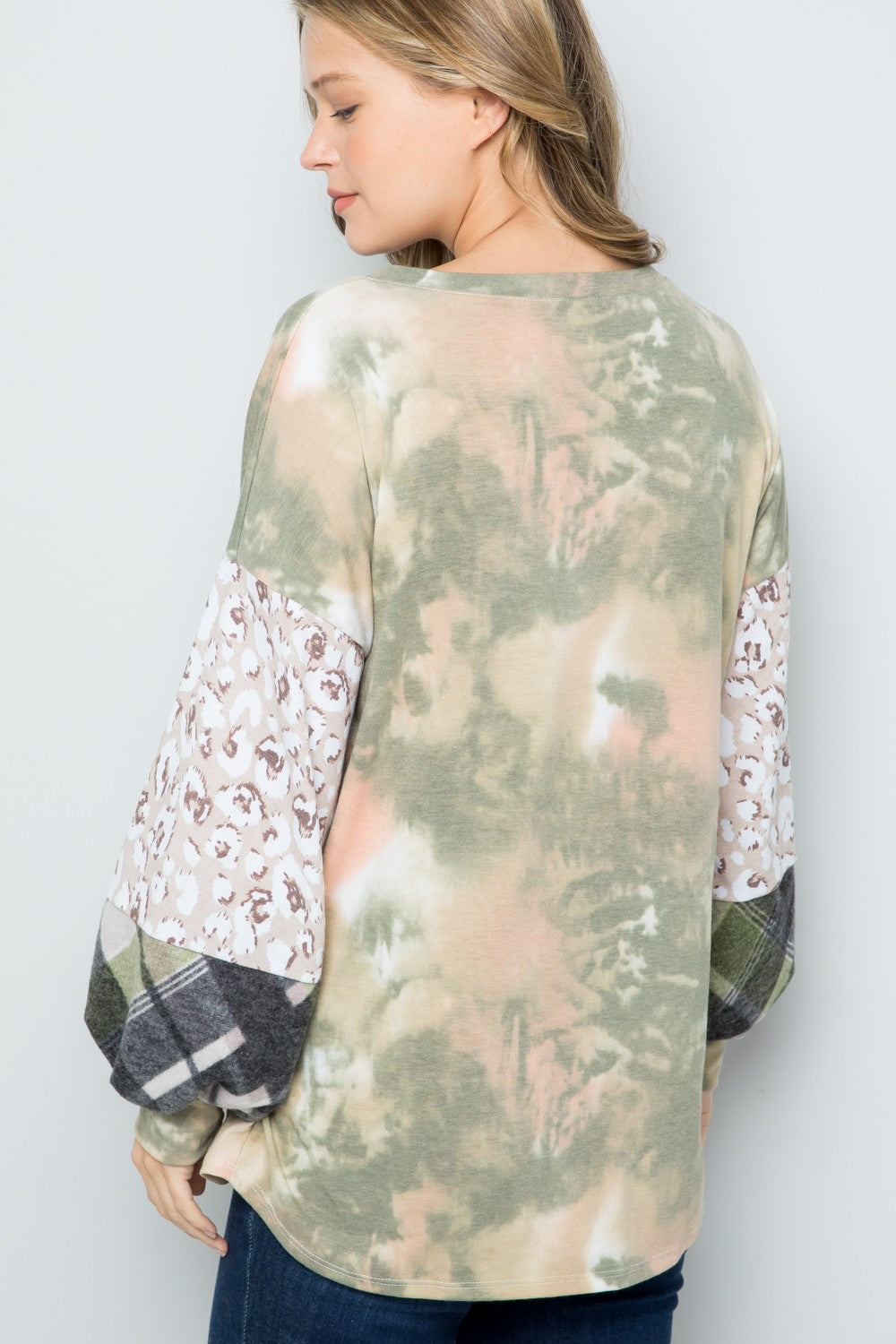 Tie-Dye Printed Sleeve V-Neck Blouse in Olive