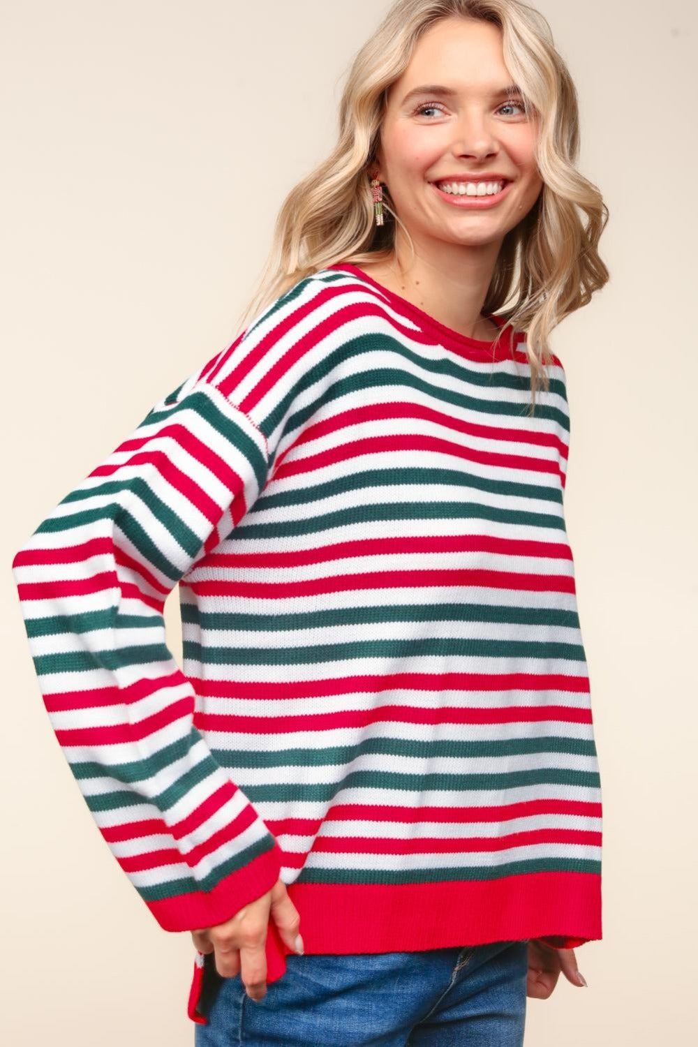 Striped Contrast Knit Tunic Top in Red Hunter Green