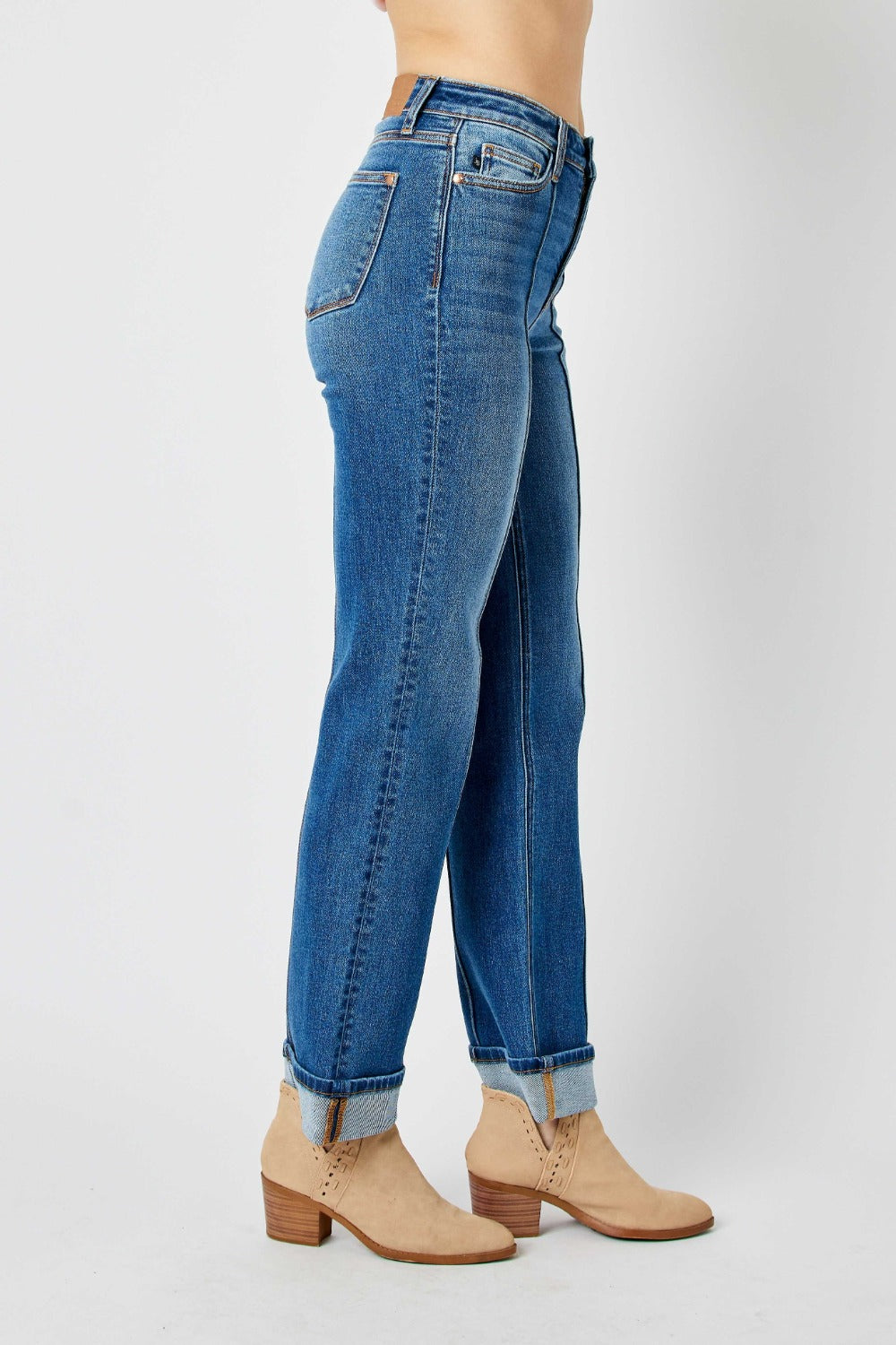 Medium Wash High Waist Front Seam Detail Straight Jeans