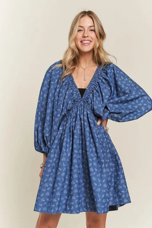 ADORA - Balloon Sleeve Mini Dress – Indigo Vine Print