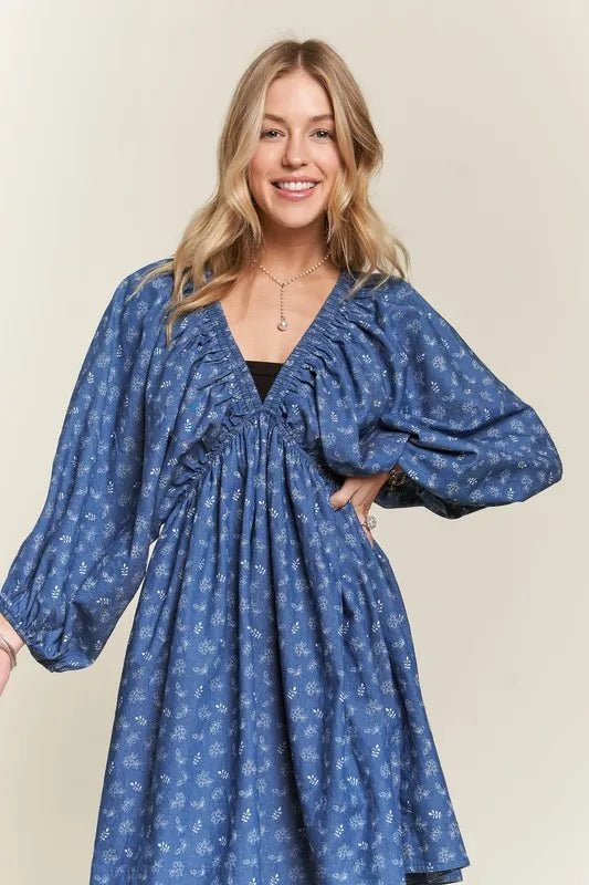 ADORA - Balloon Sleeve Mini Dress – Indigo Vine Print