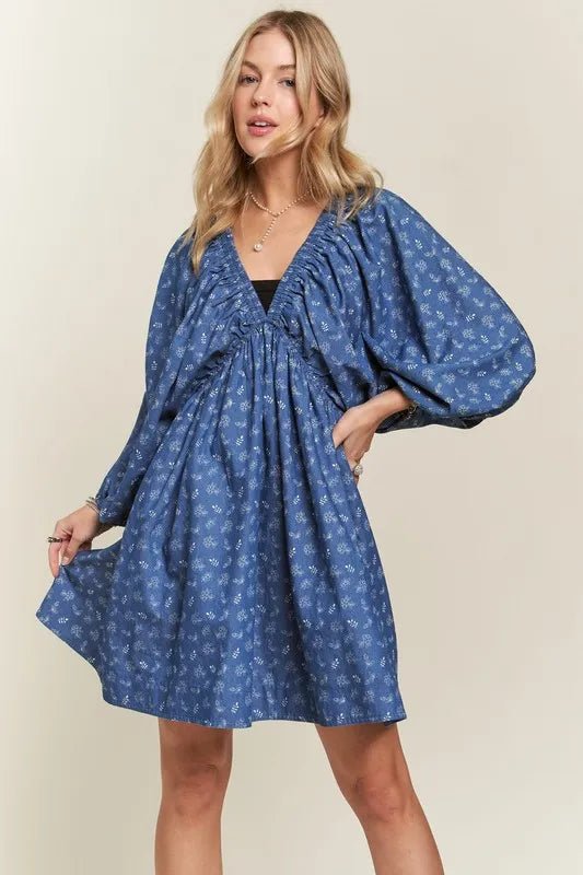 ADORA - Balloon Sleeve Mini Dress – Indigo Vine Print