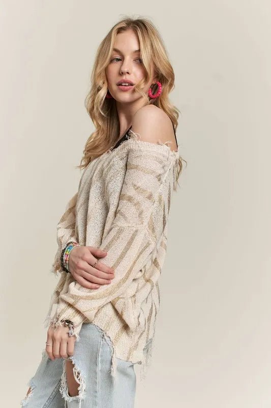 ADORA - Beige Distressed Zebra Stripe Sweater