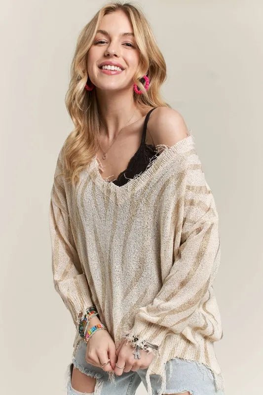 ADORA - Beige Distressed Zebra Stripe Sweater