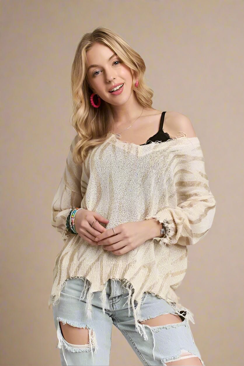 ADORA - Beige Distressed Zebra Stripe Sweater