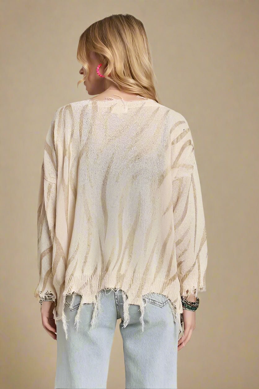 ADORA - Beige Distressed Zebra Stripe Sweater
