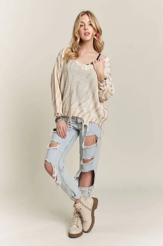 ADORA - Beige Distressed Zebra Stripe Sweater