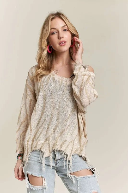 ADORA - Beige Distressed Zebra Stripe Sweater