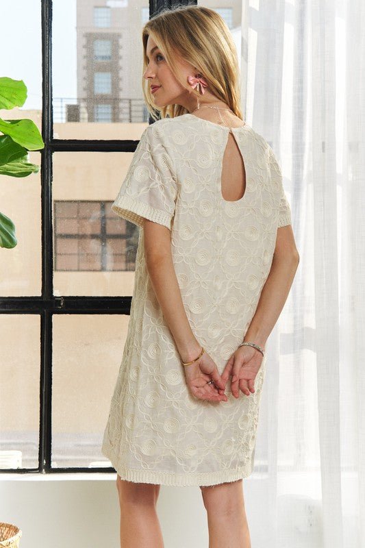 ADORA - Beige Jacquard Short Sleeve Mini Shift Dress