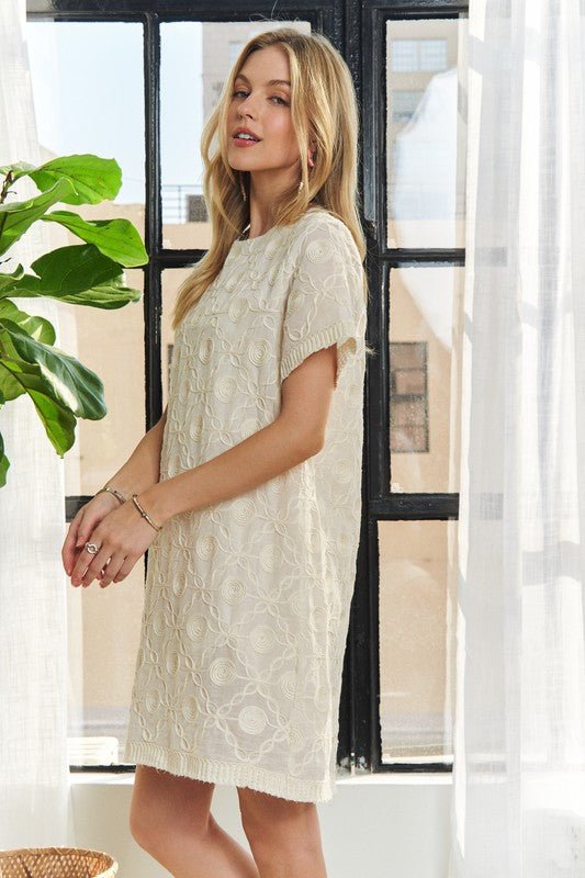 ADORA - Beige Jacquard Short Sleeve Mini Shift Dress