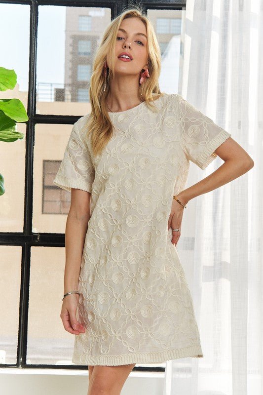 ADORA - Beige Jacquard Short Sleeve Mini Shift Dress