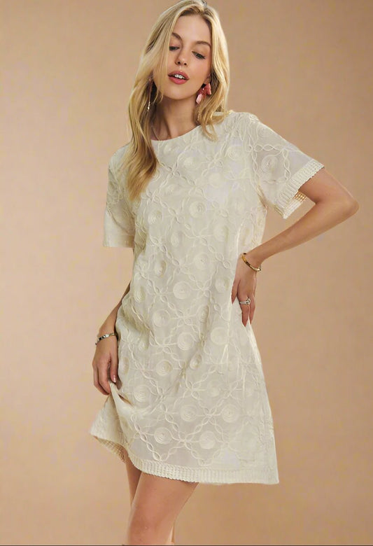 ADORA - Beige Jacquard Short Sleeve Mini Shift Dress