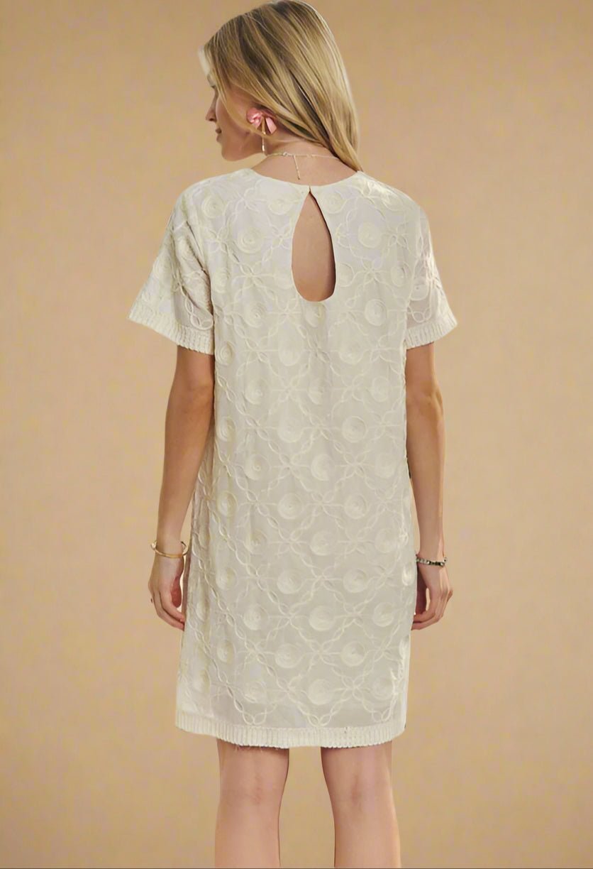 ADORA - Beige Jacquard Short Sleeve Mini Shift Dress