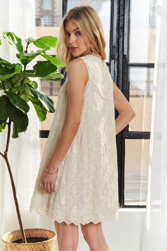 ADORA - Beige Jacquard Sleeveless Mini Shift Dress