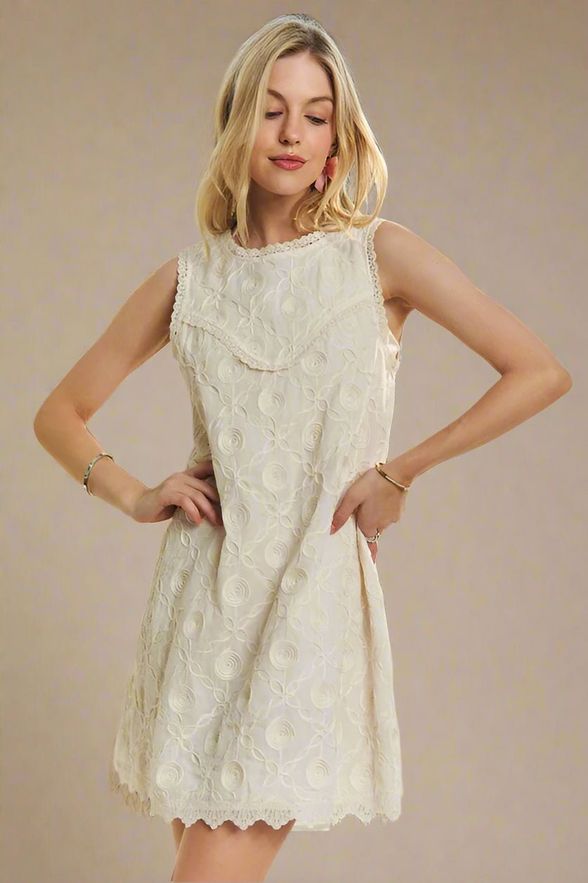 ADORA - Beige Jacquard Sleeveless Mini Shift Dress