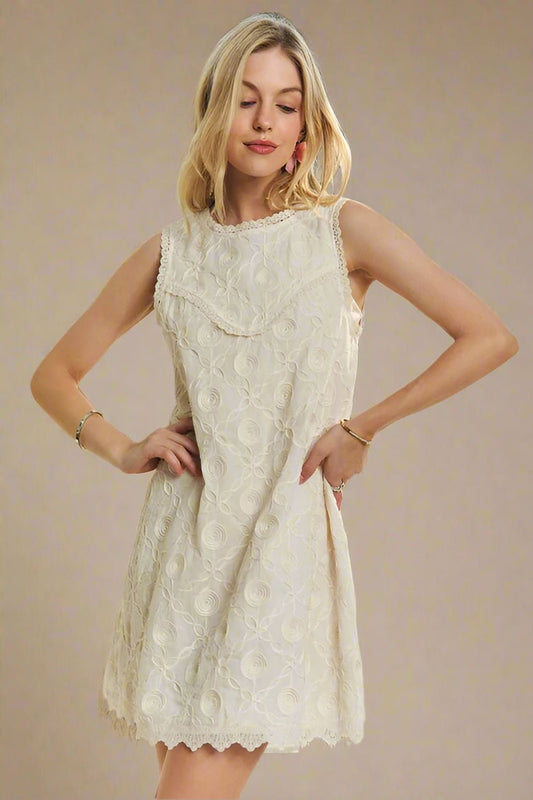 ADORA - Beige Jacquard Sleeveless Mini Shift Dress