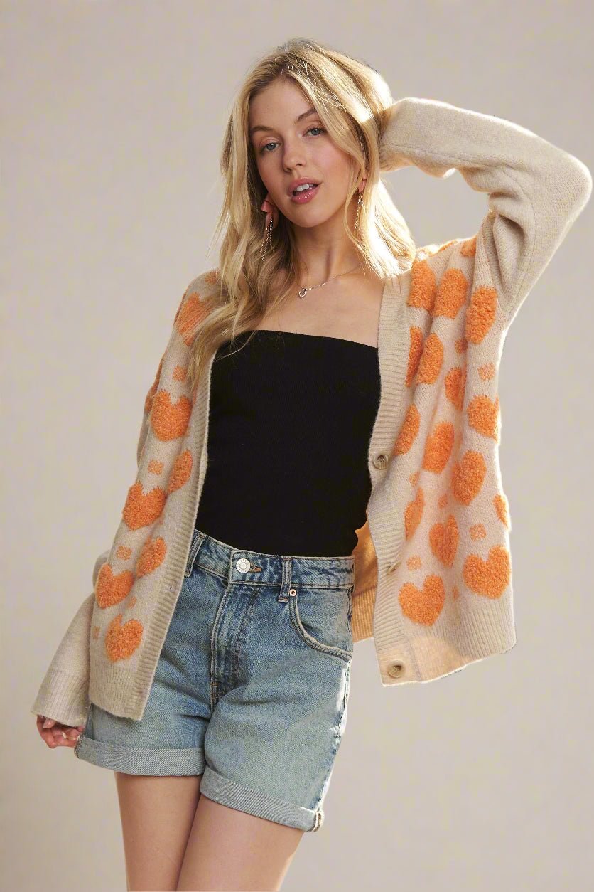 ADORA - Beige & Orange Fuzzy Heart Button - Up Cardigan