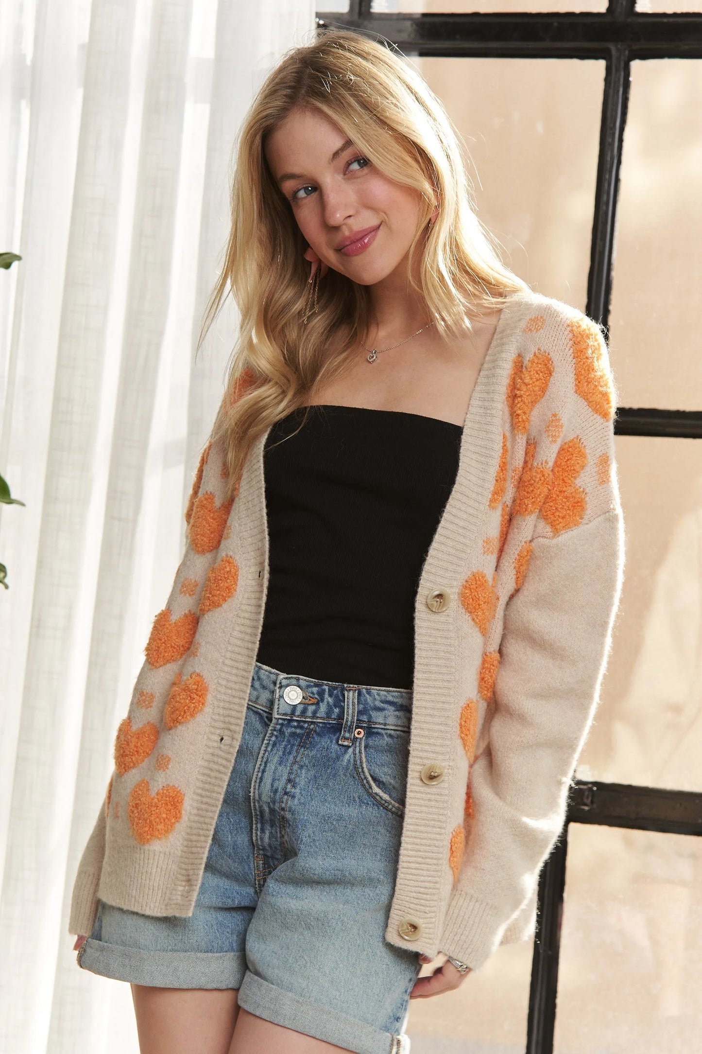 ADORA - Beige & Orange Fuzzy Heart Button - Up Cardigan