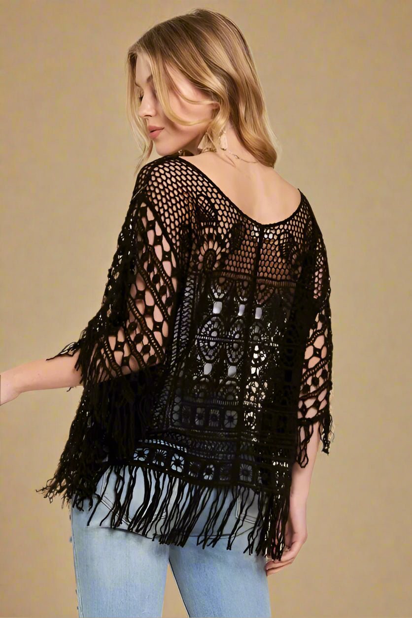 ADORA - Black Crochet Fringe Poncho Top