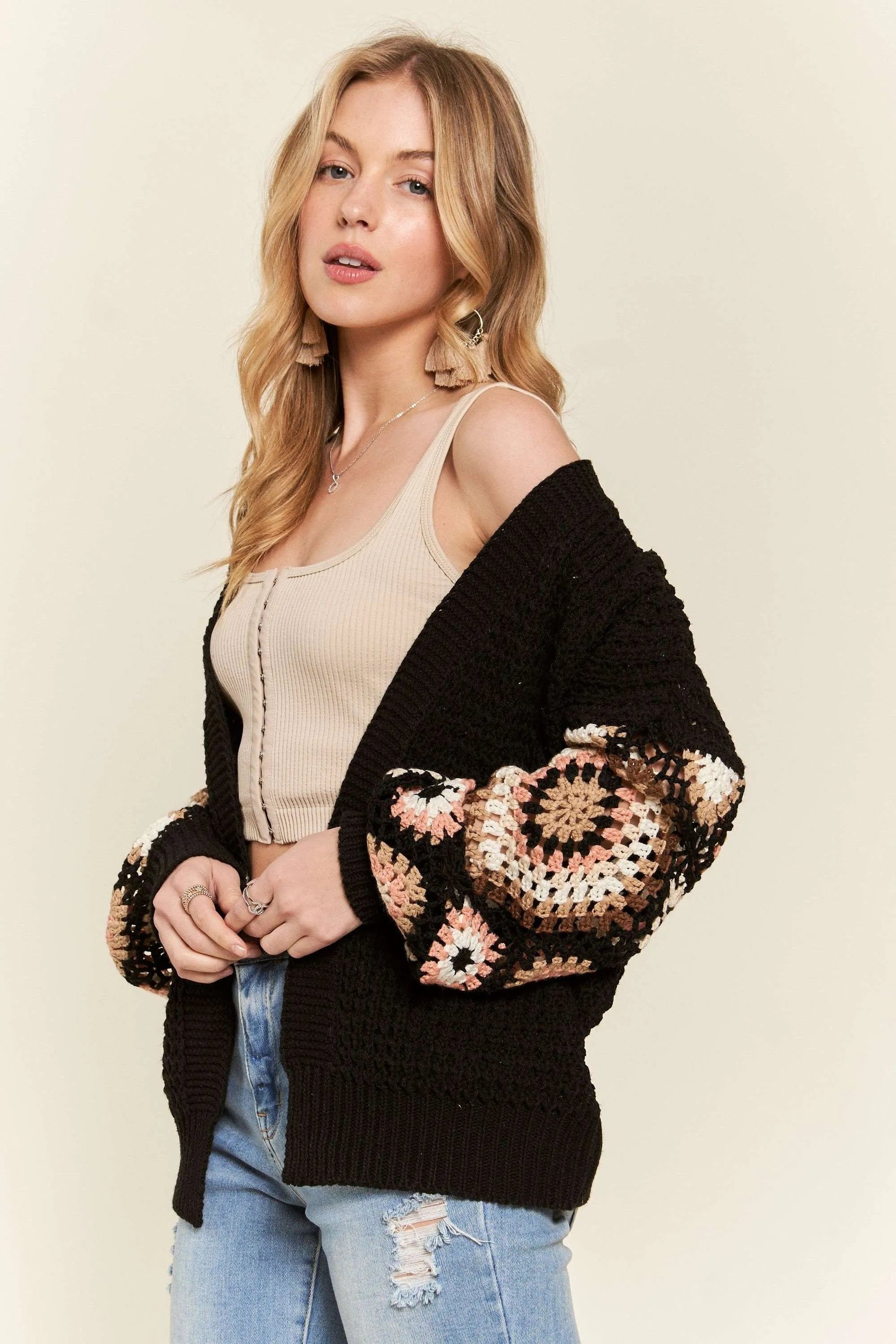 ADORA - Black Crochet Open Knit Cardigan in Blush & Mocha