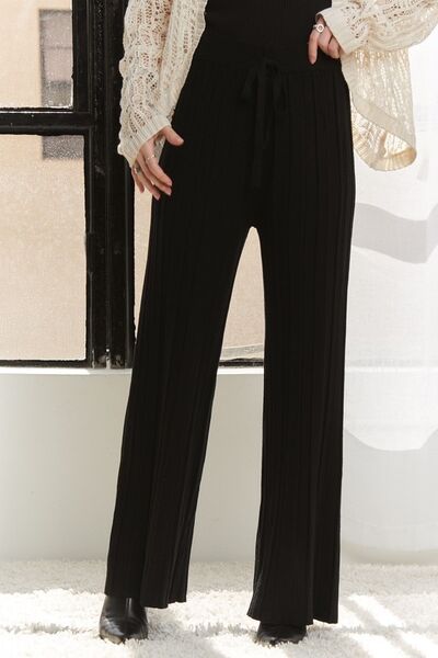 ADORA - Black Drawstring Waist Wide Leg Knit Pants