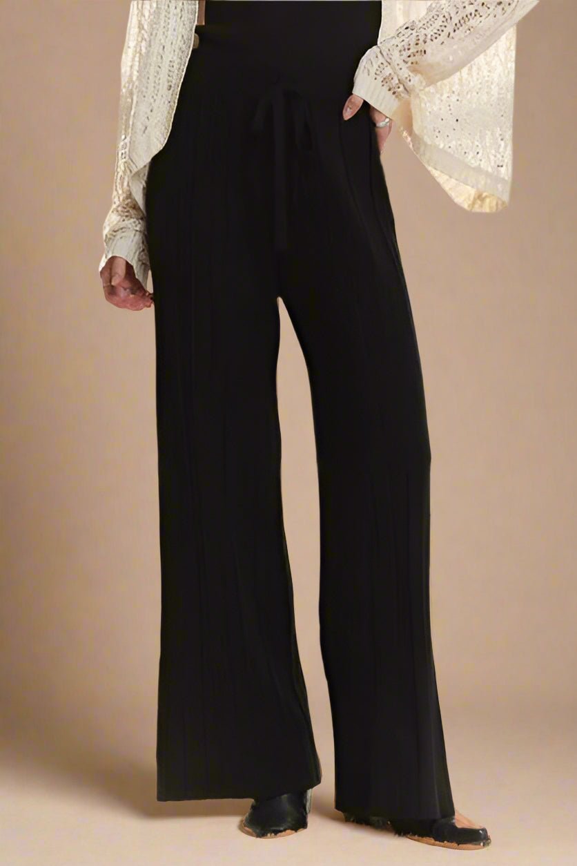 ADORA - Black Drawstring Waist Wide Leg Knit Pants