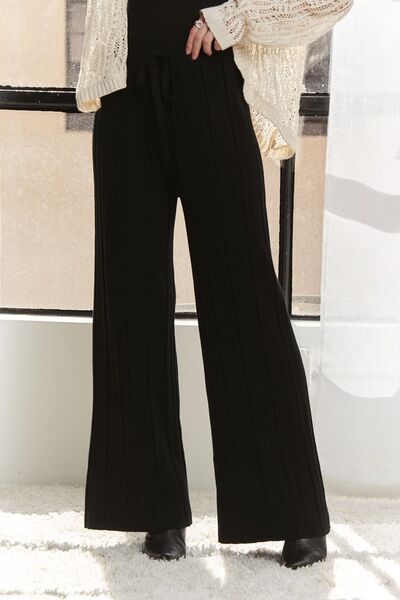 ADORA - Black Drawstring Waist Wide Leg Knit Pants